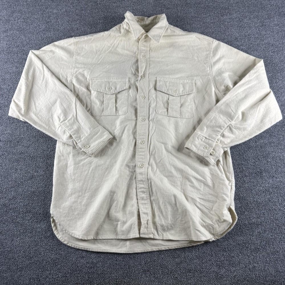 Vintage Eddie Bauer Shirt Men XL White Chamois Flannel Long Sleeve Button Up USA